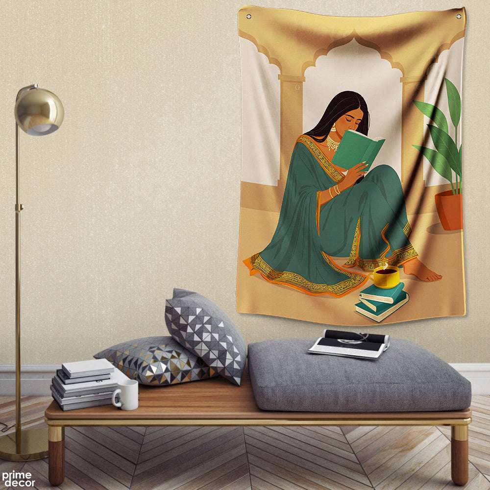 Abstract Woman In Cultural Dress Reading Book | Fashion Tapestry