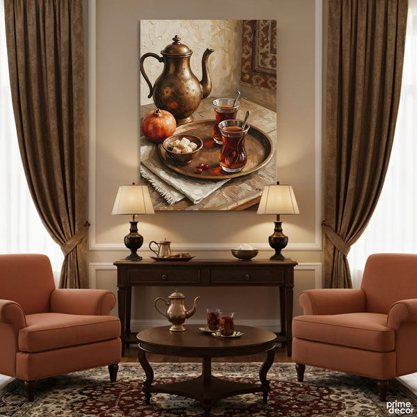 Traditional Turkish Tea Still Life with Copper Teapot (Single Panel) Digital Painting Wall Art
