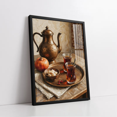 Traditional Turkish Tea Still Life with Copper Teapot (Single Panel) Digital Painting Wall Art