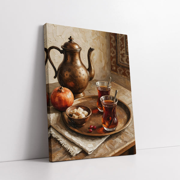 Traditional Turkish Tea Still Life with Copper Teapot (Single Panel) Digital Painting Wall Art