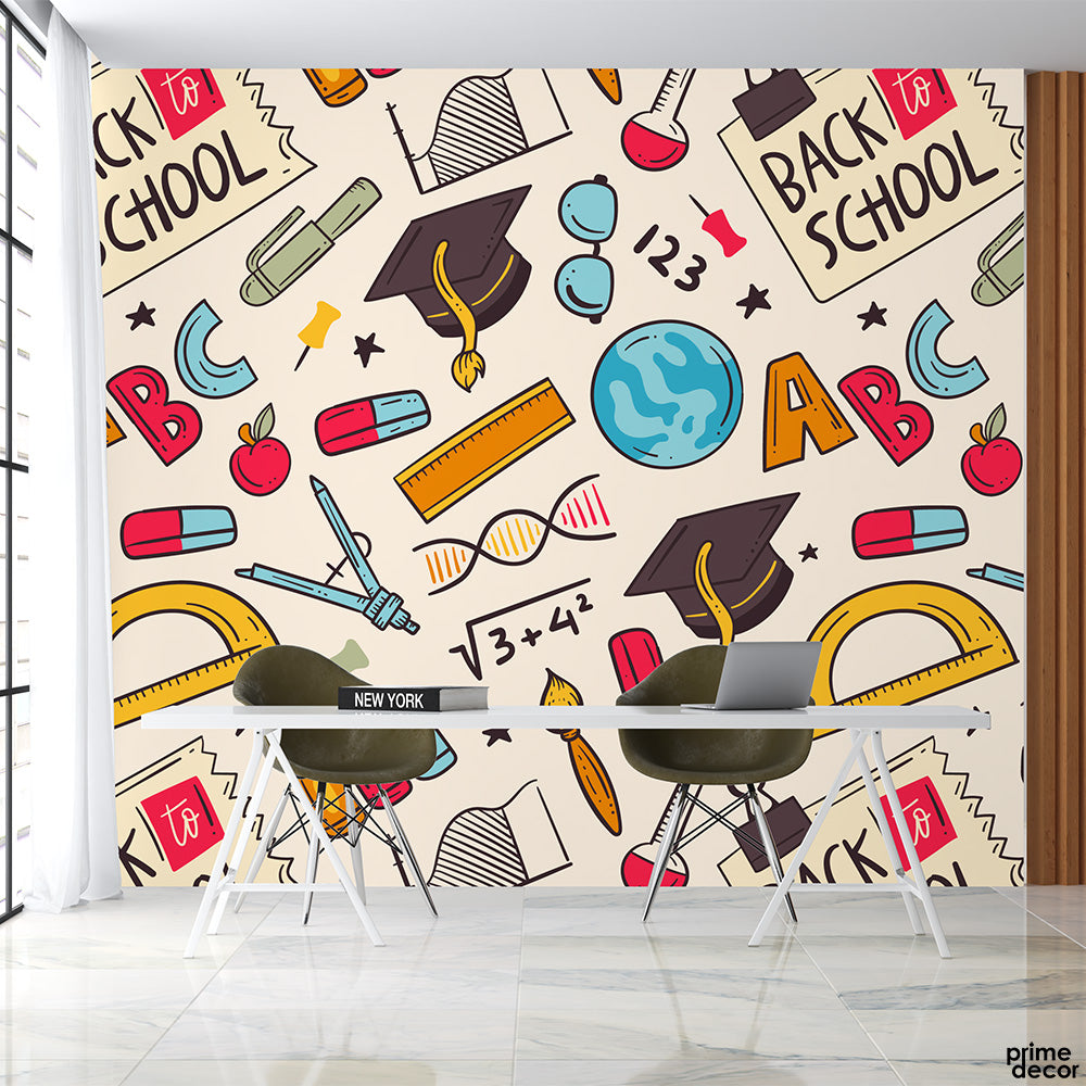 Education Elements On Beige Background | School Wallpaper Mural - Prime Décor