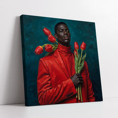 High-Fashion Black Male Portrait with Vibrant Red Tulips (Single Panel) Digital Painting Wall Art