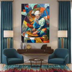 Abstract Copper Artisan with Geometric Stained Glass Background (Single Panel) Digital Painting Wall Art