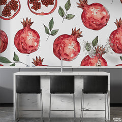 Exotic Watercolor Pomegranates On White Background | Floral Wallpaper Mural - Prime Décor