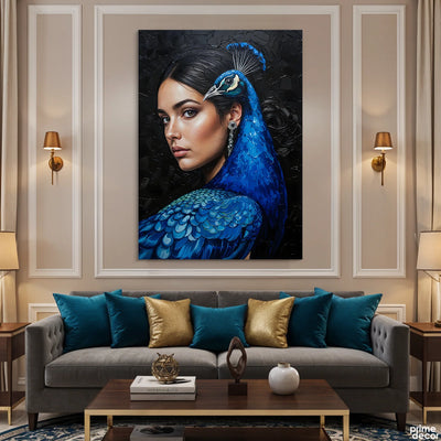 Surreal Avant-Garde Woman & Peacock Fusion Knife Work (Single Panel) Digital Painting Wall Art