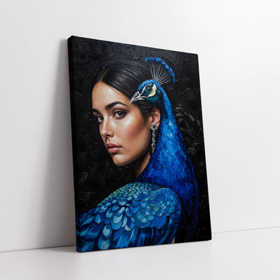 Surreal Avant-Garde Woman & Peacock Fusion Knife Work (Single Panel) Digital Painting Wall Art