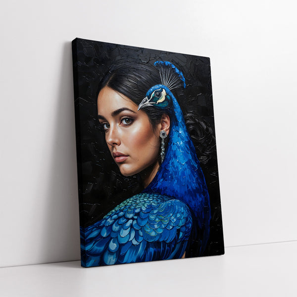 Surreal Avant-Garde Woman & Peacock Fusion Knife Work (Single Panel) Digital Painting Wall Art