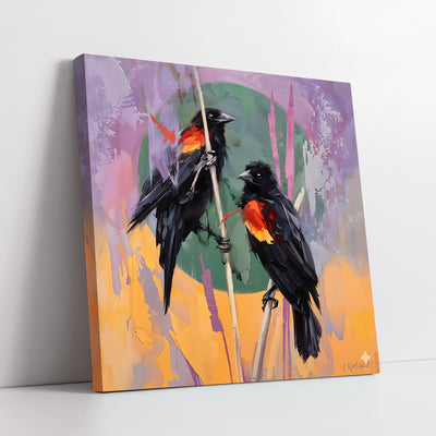 Art of Blackbirds with Bold Orange & Purple Accents (Single Panel) Digital Painting Wall Art