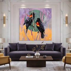 Art of Blackbirds with Bold Orange & Purple Accents (Single Panel) Digital Painting Wall Art