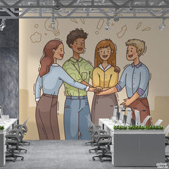 Team Shaking Hands Illustration On Beige Background | Office Wallpaper Mural - Prime Décor