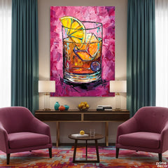 Old Fashioned Cocktail Painting with Lemon Slice Knife Style (Single Panel) Digital Painting Wall Art