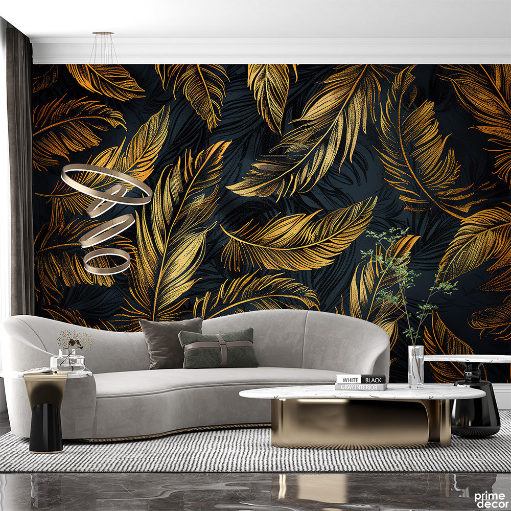 Slate Gray & Sheen Gold Feathers | Floral Wallpaper Mural - Prime Décor