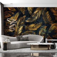 Slate Gray & Sheen Gold Feathers | Floral Wallpaper Mural - Prime Décor