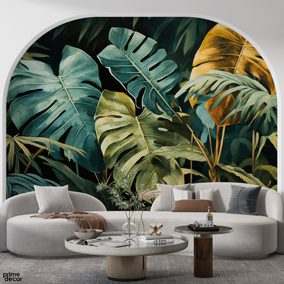 Abstract Green & Gold Exotic Leaves | Nature Wallpaper Mural