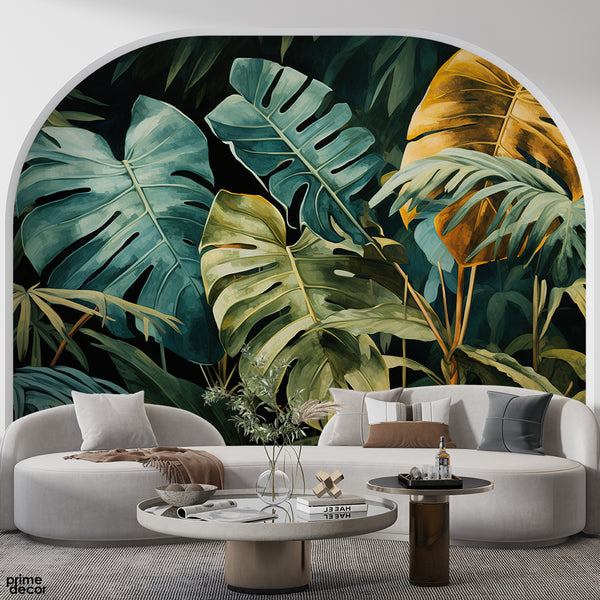 Abstract Green & Gold Exotic Leaves | Nature Wallpaper Mural