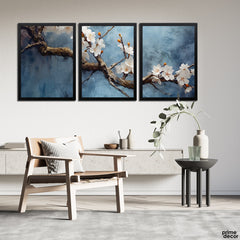 White Blossom Flowers On Dry Branch Painting Stroke Style (3 Panel) Abstract Wall Art - Prime Décor