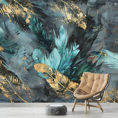 Gold & Green Abstract Floral Leaves Over Blue Background | Floral Wallpaper Mural - Prime Décor