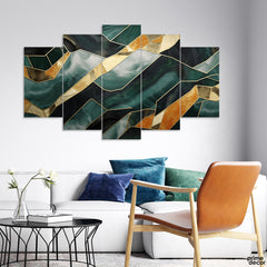 Abstract Black Green & Gold Marble Style Artwork (5 Panel) Abstract Wall Art