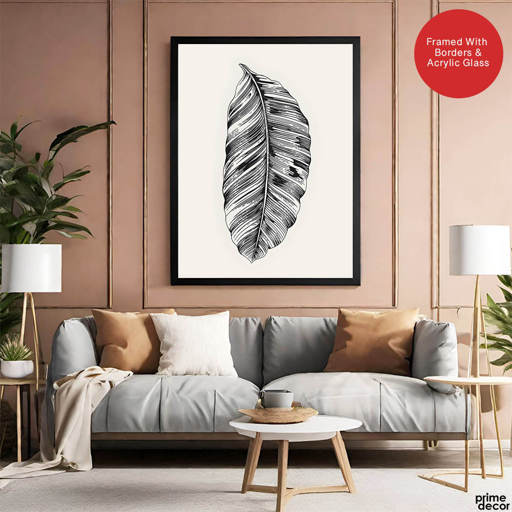 Black & White Tropical Leaves On Grey Background | Abstract Floral Artwork #0035 - Prime Décor