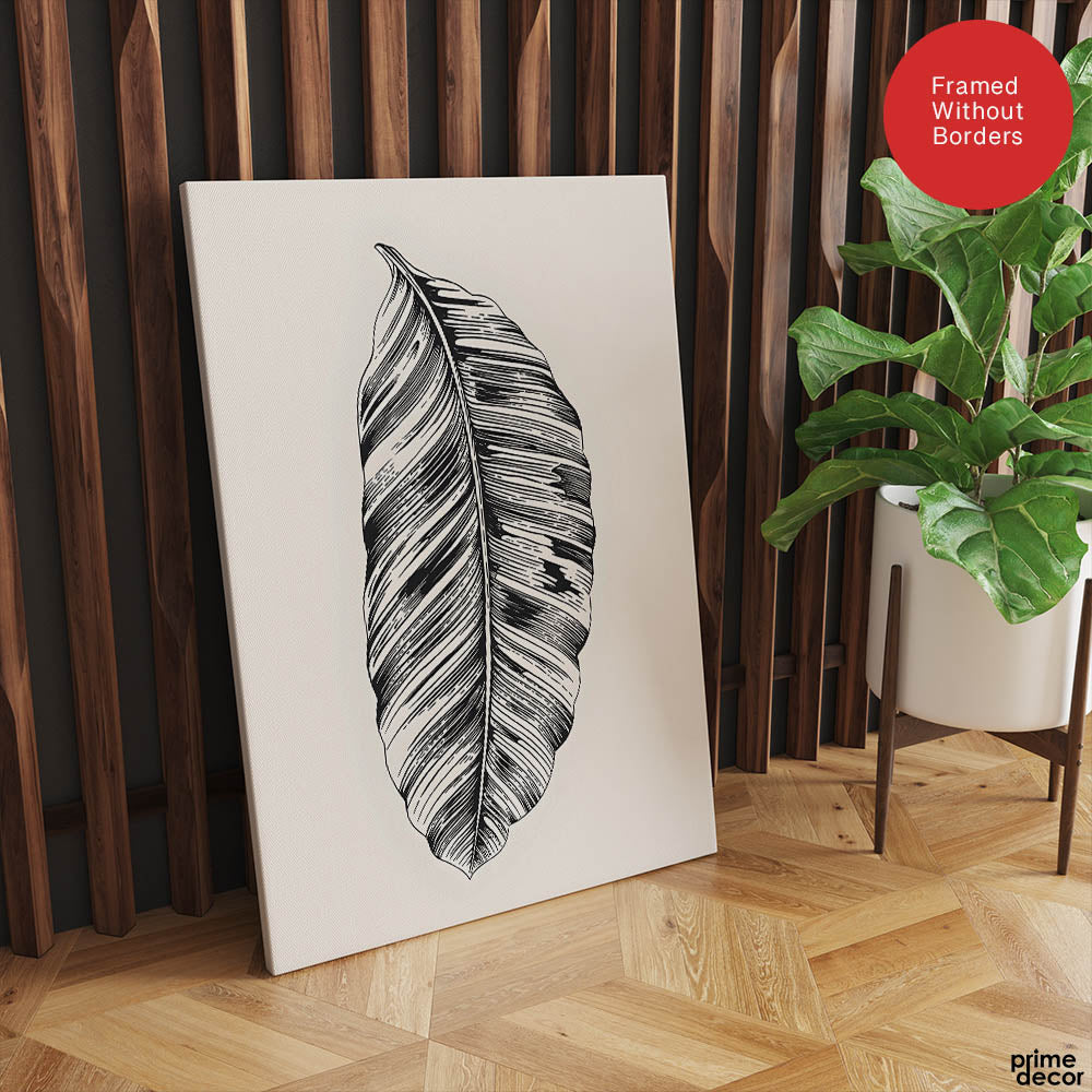 Black & White Tropical Leaves On Grey Background | Abstract Floral Artwork #0035 - Prime Décor