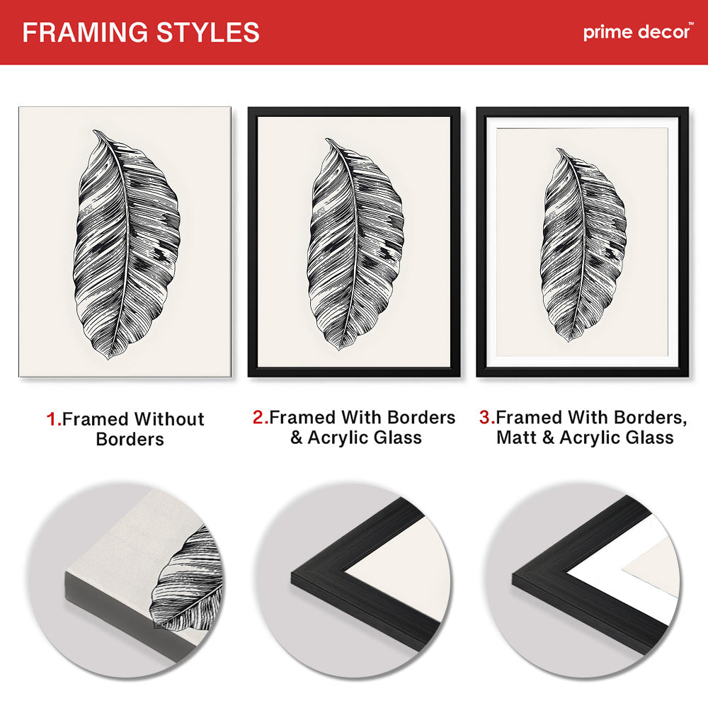 Black & White Tropical Leaves On Grey Background | Abstract Floral Artwork #0035 - Prime Décor