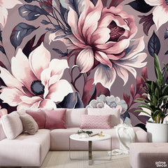 Oversized Pink Peonies & Dark Leaves With Dusty Rose Background | Moody Floral Wallpaper Mural