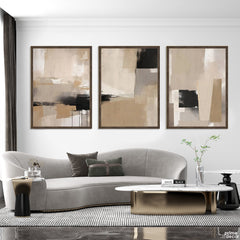 Modern Neutral Brown & Balck Geometric Blocks (3 Panel) Abstract Wall Art