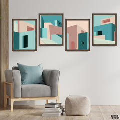 Abstract Buildings Art In Blue & Beige Color Shades (4 Panel) Nordic Wall Art