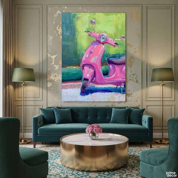 Pretty Pink Scooter on a Sunny Street (Single Panel) Digital Painting Wall Art