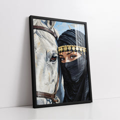 Bedouin Woman In Niqab With White Arabian Horse Impasto Style (Single Panel) Digital Painting Wall Art