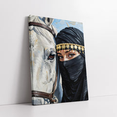 Bedouin Woman In Niqab With White Arabian Horse Impasto Style (Single Panel) Digital Painting Wall Art
