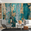 Deep Sea Green & Gold Grunge Brush Strokes | Abstract Wallpaper Mural