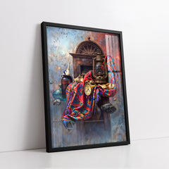 Vintage Still Life With Lantern Clock And Patterned Textile Impasto Style (Single Panel) Digital Painting Wall Art