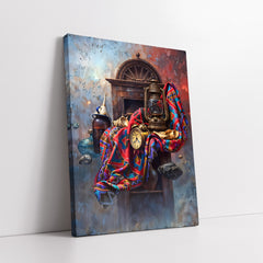 Vintage Still Life With Lantern Clock And Patterned Textile Impasto Style (Single Panel) Digital Painting Wall Art