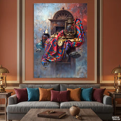 Vintage Still Life With Lantern Clock And Patterned Textile Impasto Style (Single Panel) Digital Painting Wall Art