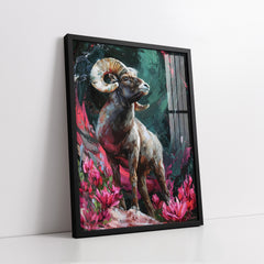 Majestic Bighorn Ram In Field Of Pink Flowers Impasto Style (Single Panel) Digital Painting Wall Art