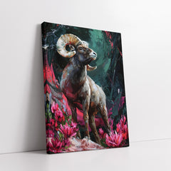 Majestic Bighorn Ram In Field Of Pink Flowers Impasto Style (Single Panel) Digital Painting Wall Art