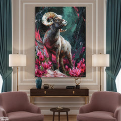 Majestic Bighorn Ram In Field Of Pink Flowers Impasto Style (Single Panel) Digital Painting Wall Art