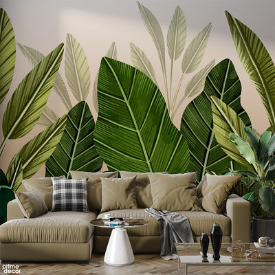 Large Green Tropical Leaves On Dusty Brown Background | Floral Wallpaper Mural