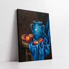 Blue Ceramic Vase & Peaches Classic Still Life Impasto Style (Single Panel) Digital Painting Wall Art