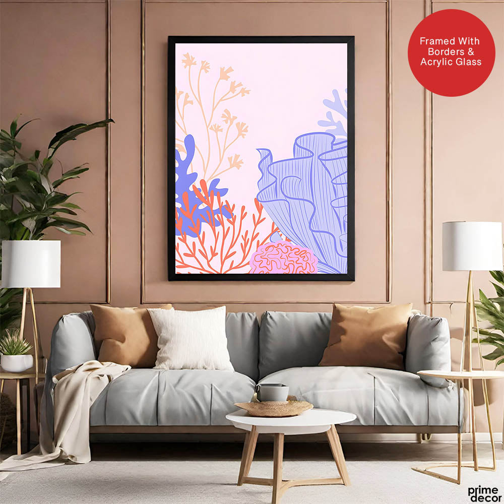 Pink & Beige Abtract Floral Art Over Purple Background | Abstract Floral Artwork #00367 - Prime Décor