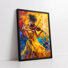 Vibrant Female Violinist In Yellow Dress Impasto Style (Single Panel) Digital Painting Wall Art
