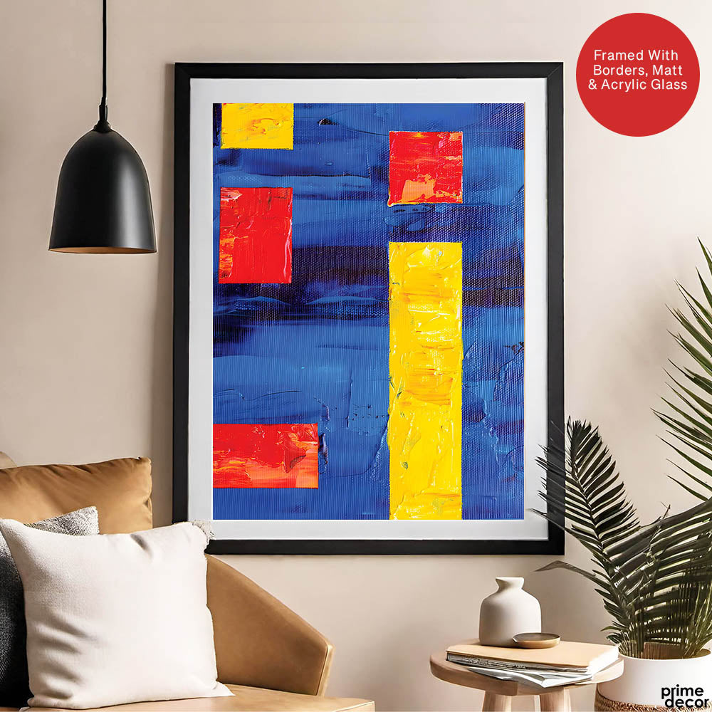 Red & Gold Abtract Art Over Blue Background | Abstract Office Artwork #00368 - Prime Décor
