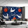 Sinopia Circles & White Cranes On Cyan Blue Background | Nordic Wallpaper Mural