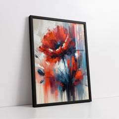 Vibrant Abstract Red Poppy Flower With Blue Accents Impasto Style (Single Panel) Digital Painting Wall Art