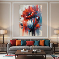 Vibrant Abstract Red Poppy Flower With Blue Accents Impasto Style (Single Panel) Digital Painting Wall Art