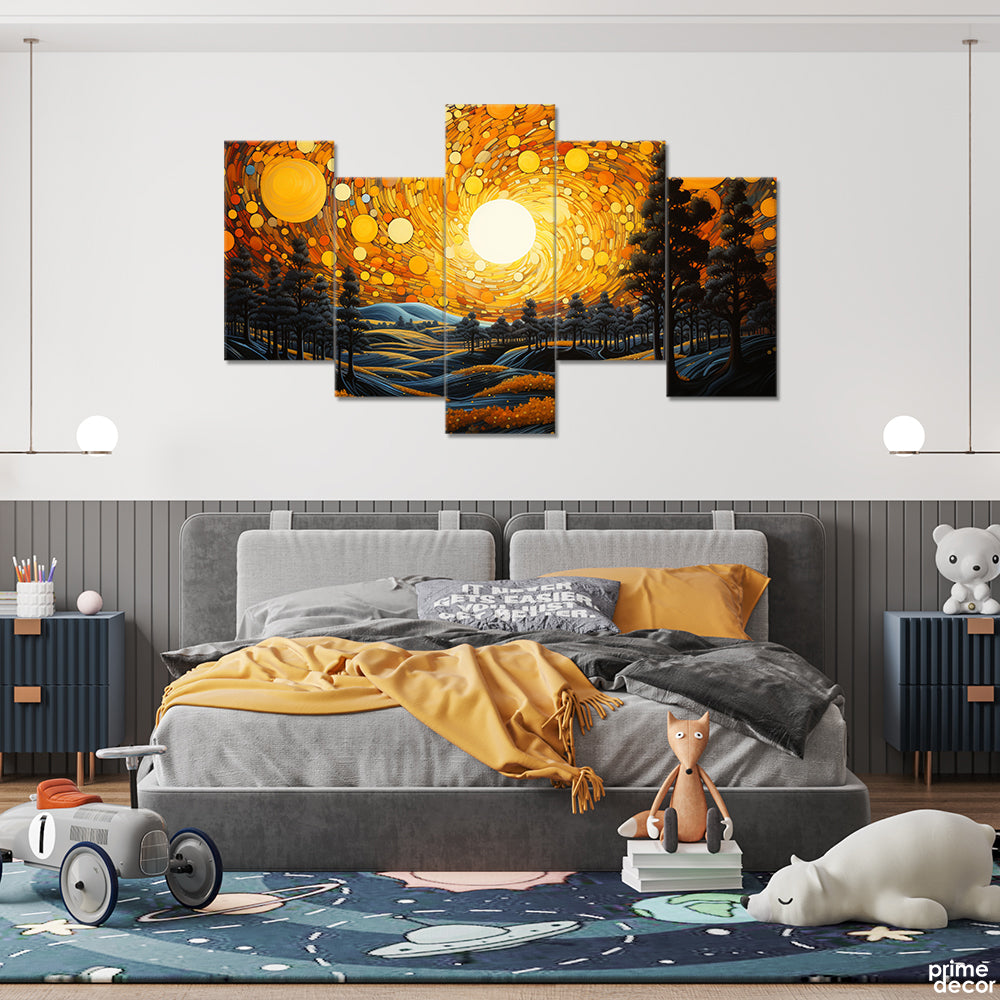Bright Sunset Illuminating Dark Forrest (5 Panel) Landscape Wall Art - Prime Décor