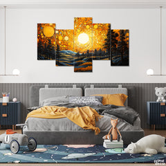 Bright Sunset Illuminating Dark Forrest (5 Panel) Landscape Wall Art - Prime Décor