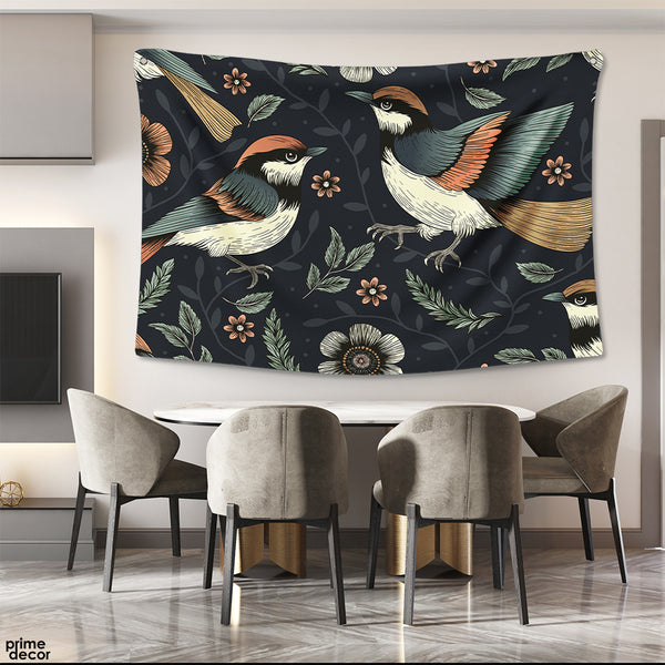 Beautiful Sparrows With Floral Artwork  | Floral Tapestry