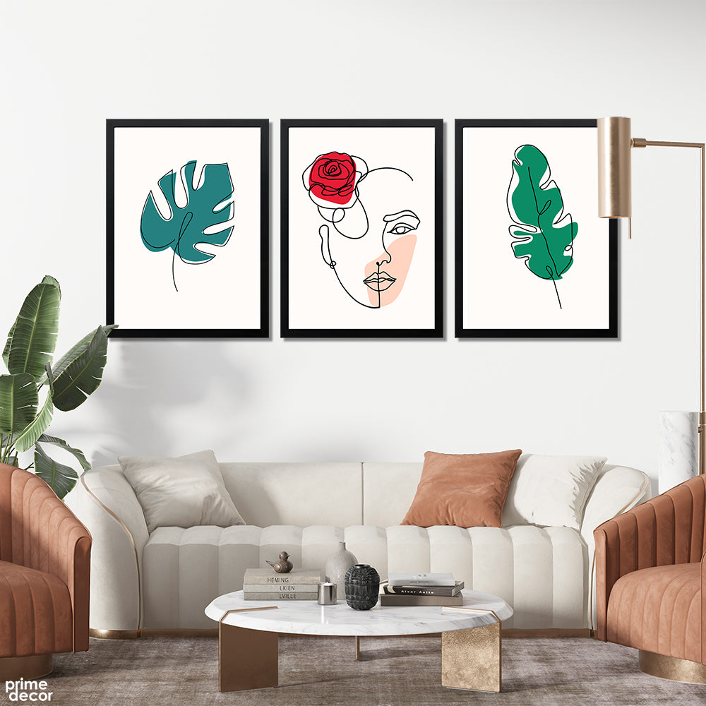 Leaves And Face Line Art With Minimal Colors (3 Panel) Nordic Wall Art - Prime Décor